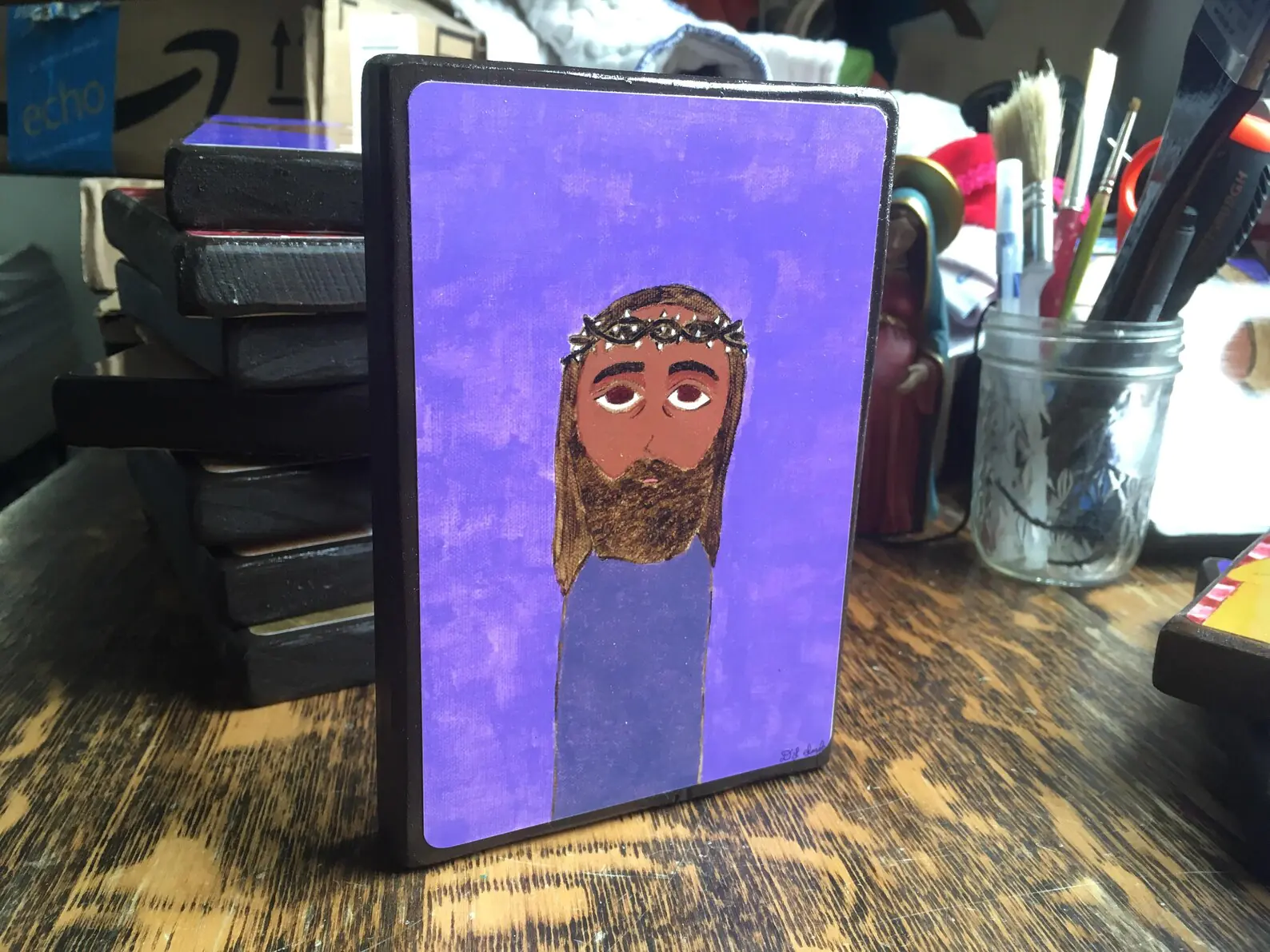 2.5 X 3.5 inch Jesus Crowning of Thorns Byzantine Folk Style Print on Wood - Image 2