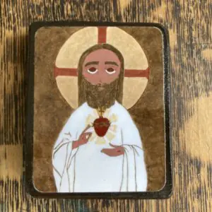 2.5 X 3.5 ish Folk/Byzantine style Icon Print on Wood Jesus Sacred Heart