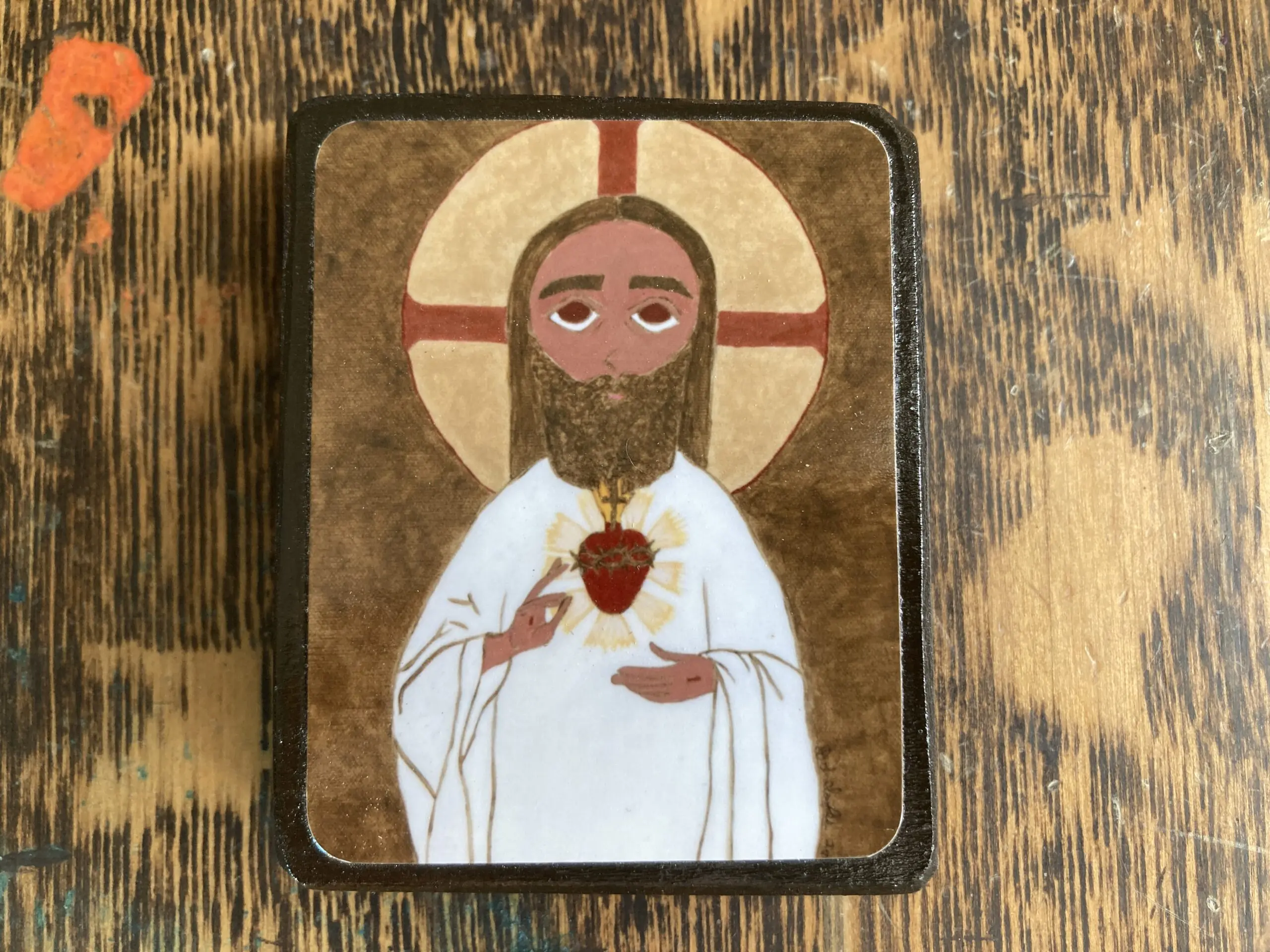 2.5 X 3.5 ish Folk/Byzantine style Icon Print on Wood Jesus Sacred Heart