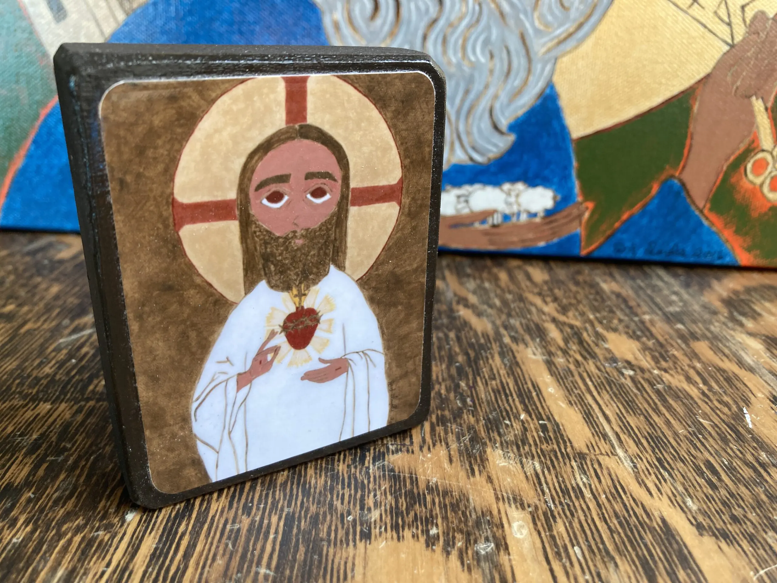 2.5 X 3.5 ish Folk/Byzantine style Icon Print on Wood Jesus Sacred Heart - Image 2