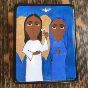 2.5" X 3.5" The Annuncuation Byzantine Folk style icon on wood by DL Sayles