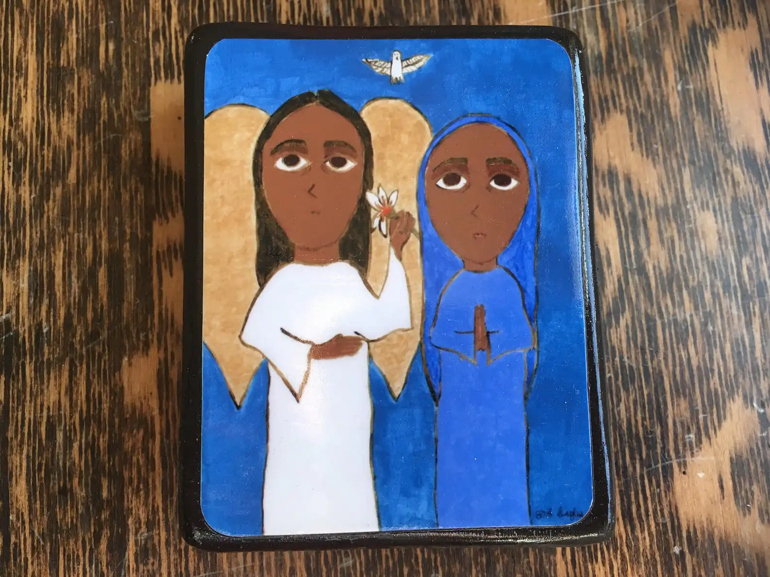 2.5" X 3.5" The Annuncuation Byzantine Folk style icon on wood by DL Sayles