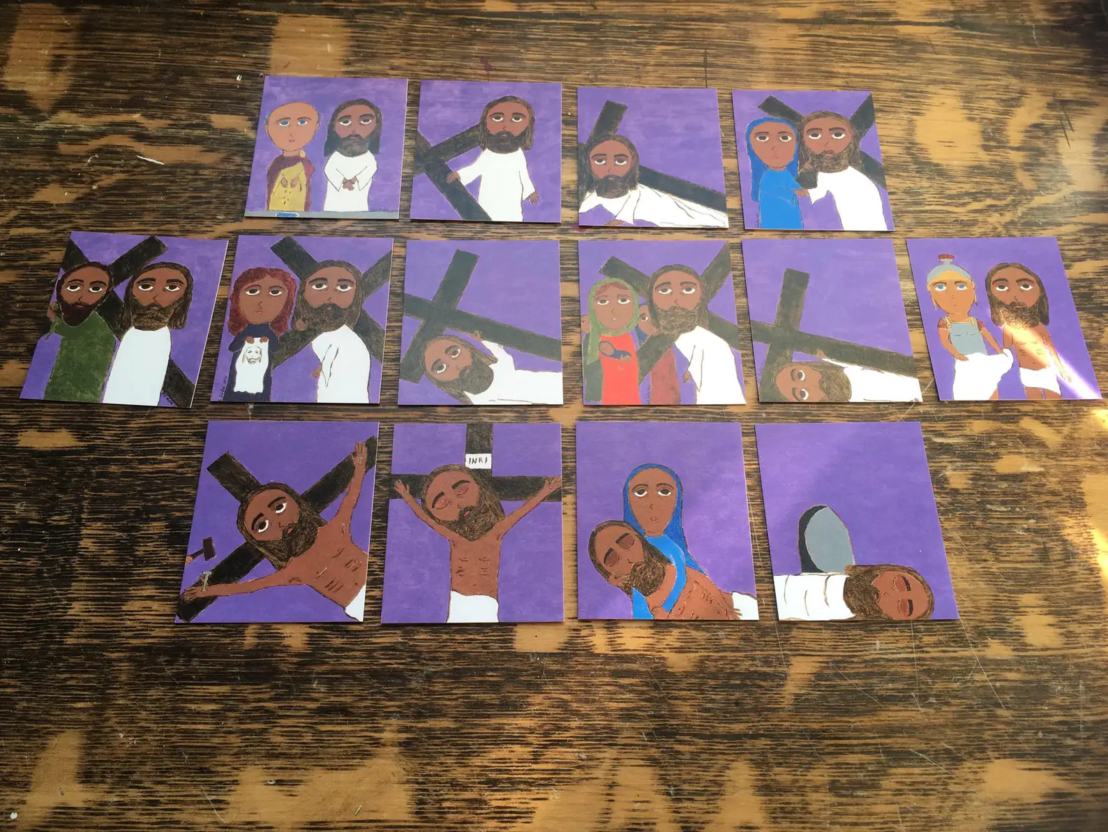 3 in X 2.5 in ish Set of Stations of the Cross Byzantine Icon Folk Style Art Prints Purple - Image 3