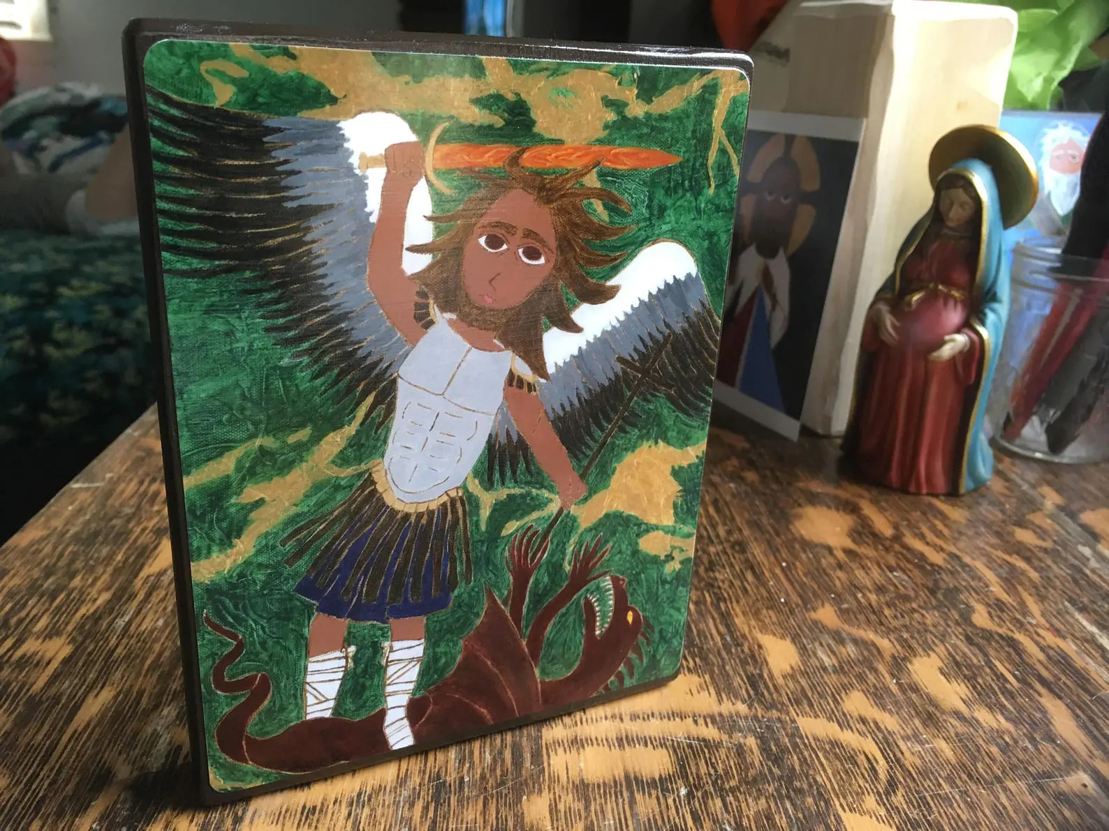 4 X 6 ish Saint Michael the Archangel Byzantine Folk Icon style on wood - Image 2